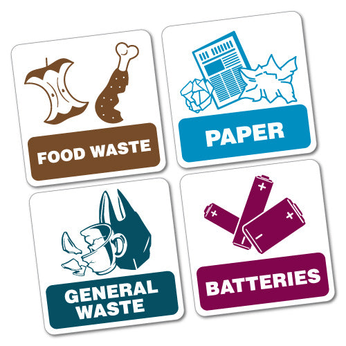 4X Bin Signs Food Paper General Batteries Sticker