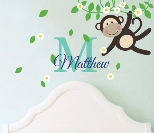 Custom Name Baby Flower Forest Monkey Wall Sticker